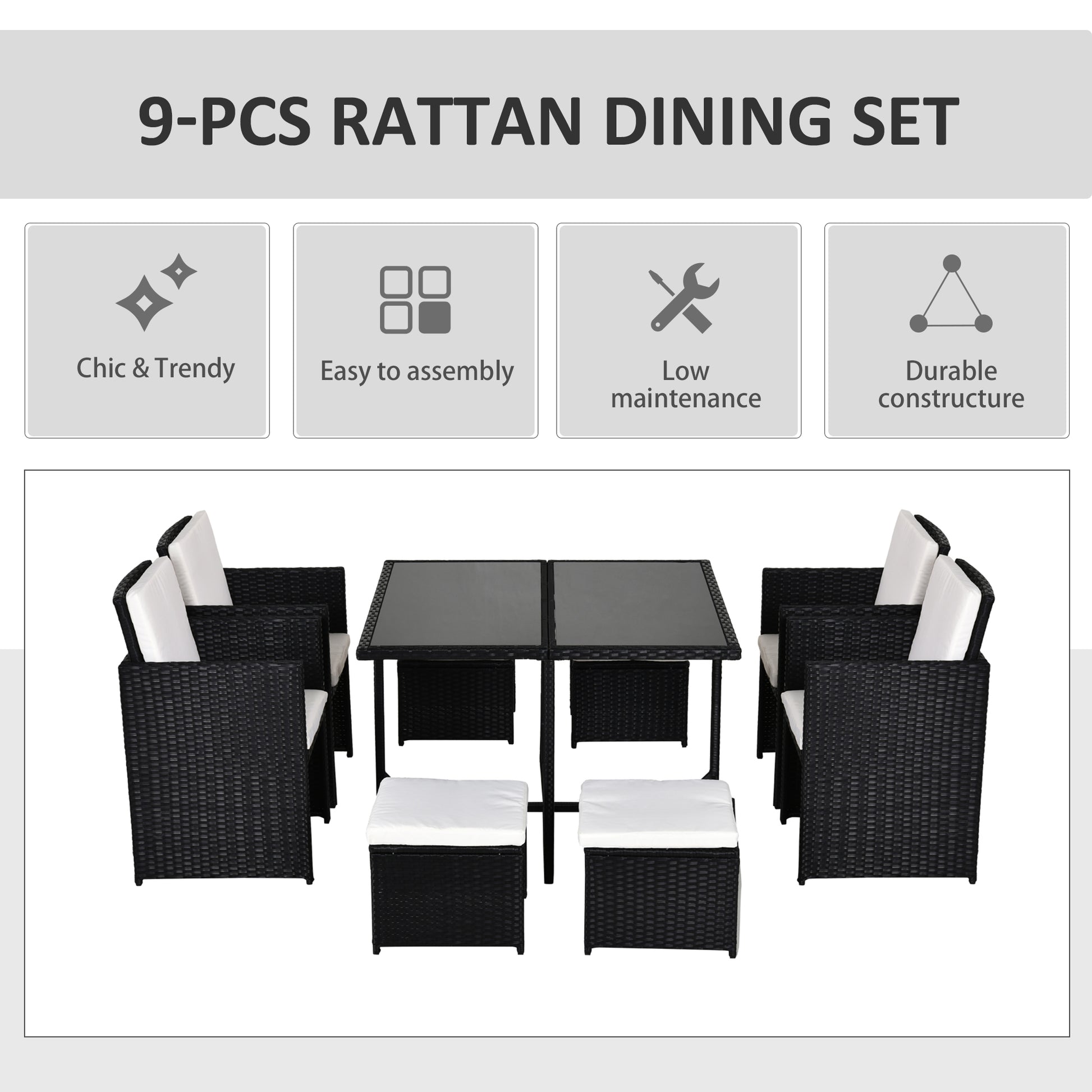 Outsunny 9 Piece Rattan Cube Garden Furniture Dining Set with Armchairs, Footstools and Glass-Top Table, Black