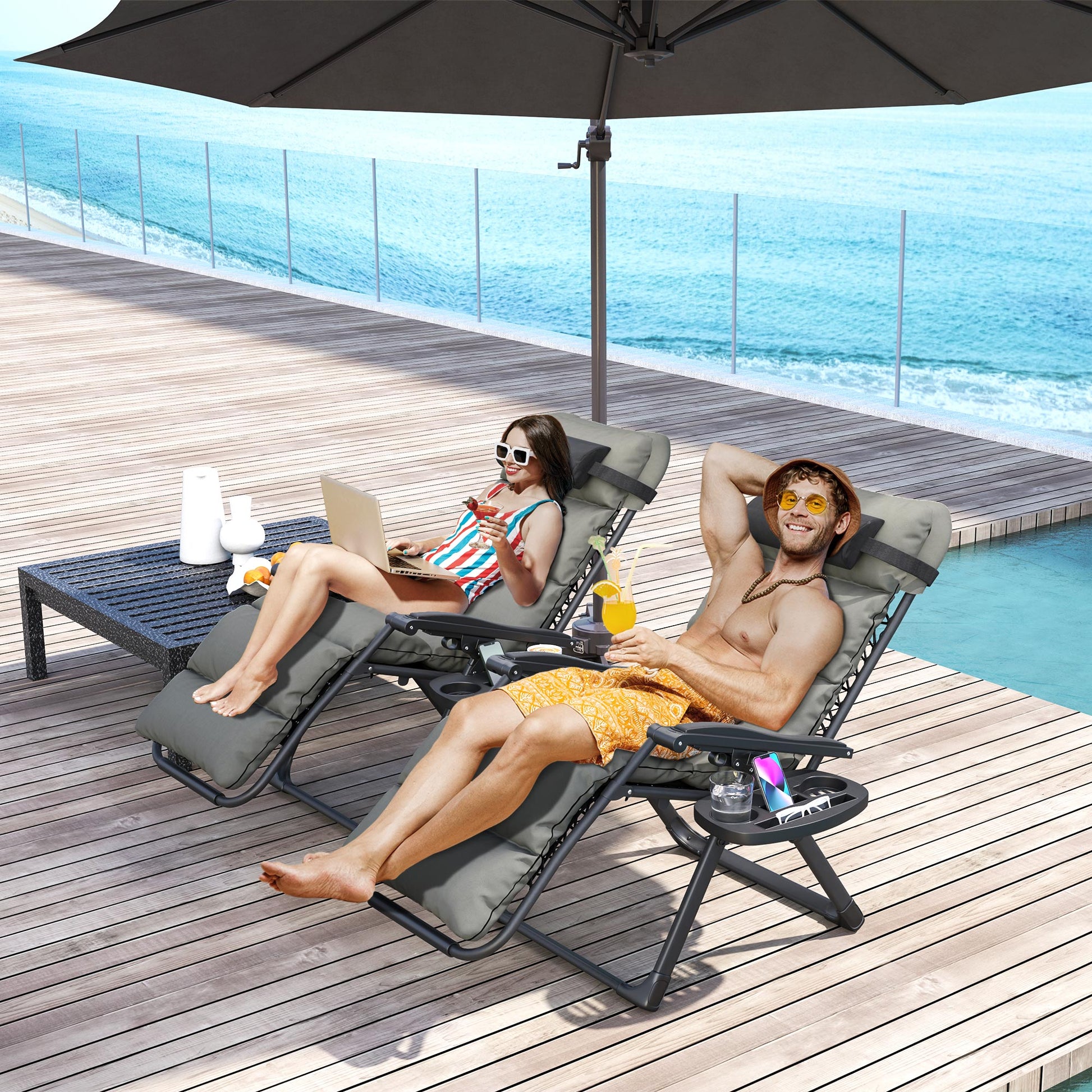 Sorrento Set of Two Reclining Sun Loungers, with Cushion - Grey