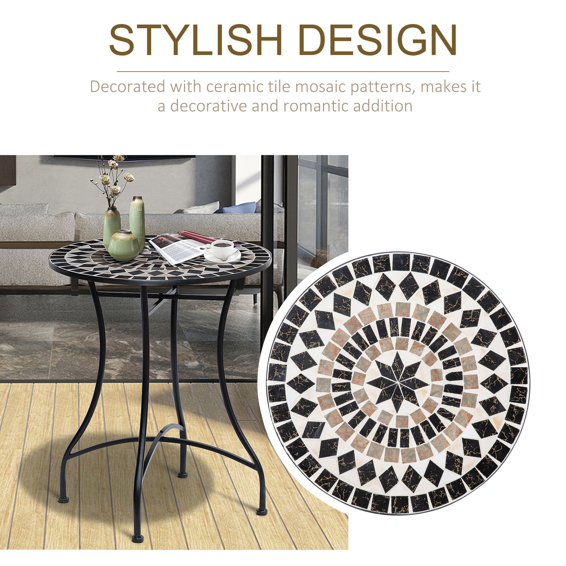 Outsunny Φ60cm Mosaic Outdoor Patio Table - Black