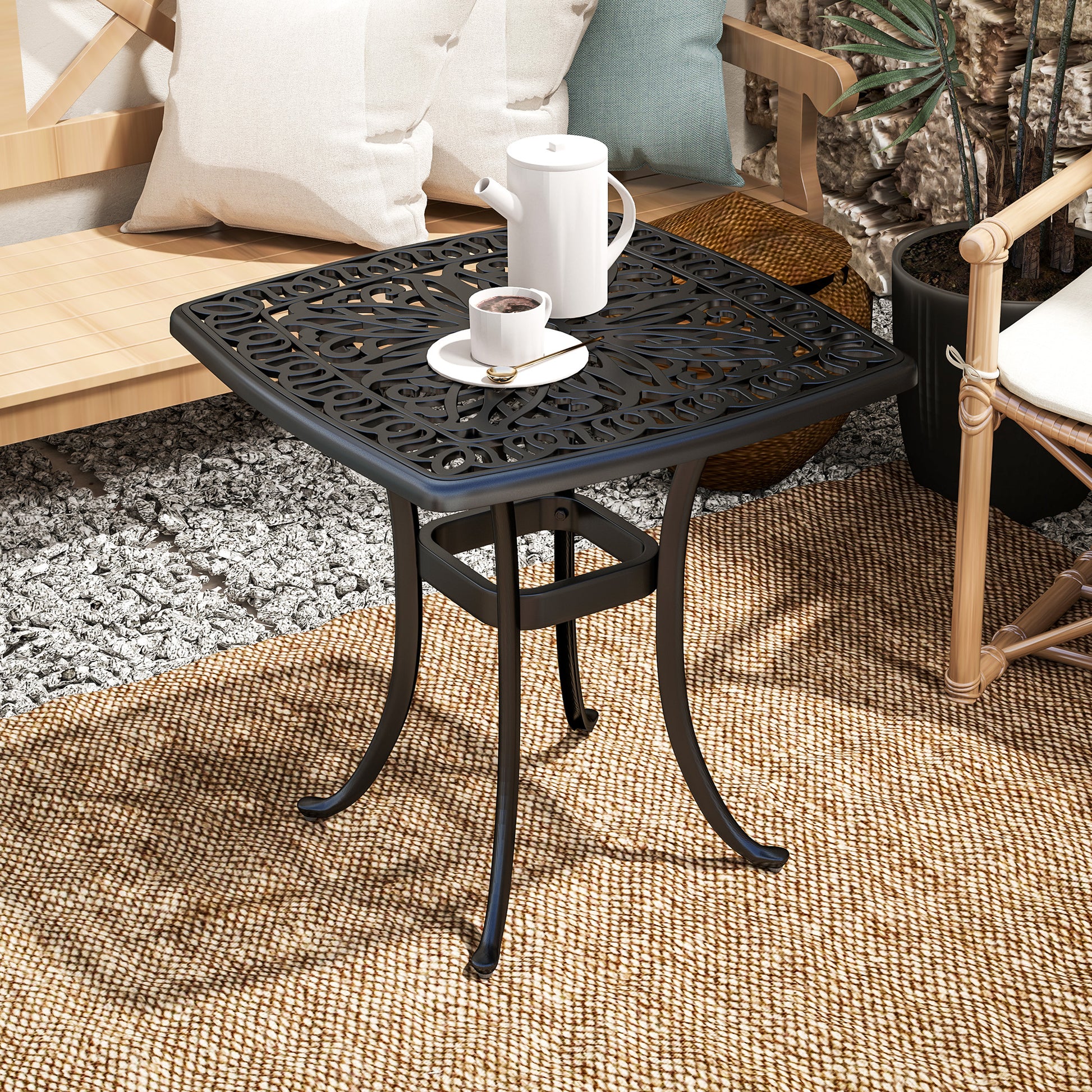Outsunny Outdoor Garden Table, Cast Aluminium Patio End Table with Umbrella Hole and Anti-slip Foot Pads for Garden, Patio, Balcony, 54 x 54 cm, Black