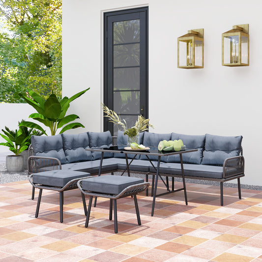 Verona 6 Piece Rattan Garden Furniture Set, 8 Seater Garden Corner Sofa with Cushions and Glass Top Table