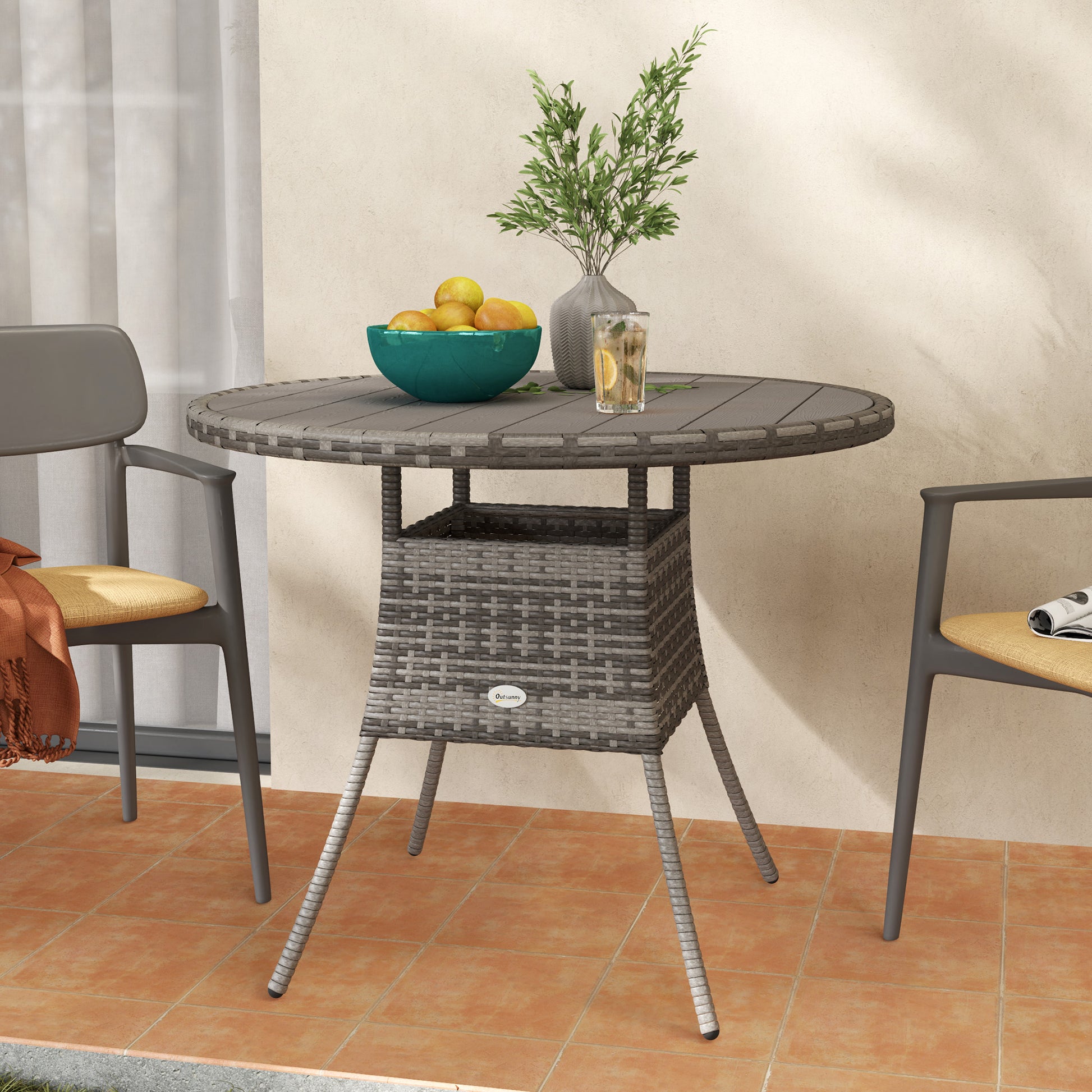 Outsunny 90 cm Wood-Effect Rattan Garden Table - Grey
