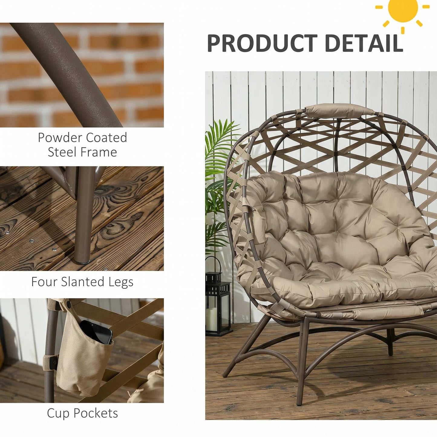 Outsunny 2 Seater Egg Chair Outdoor, Folding Weave Garden Furniture Chair with Cushion, Cup Pockets - Khaki