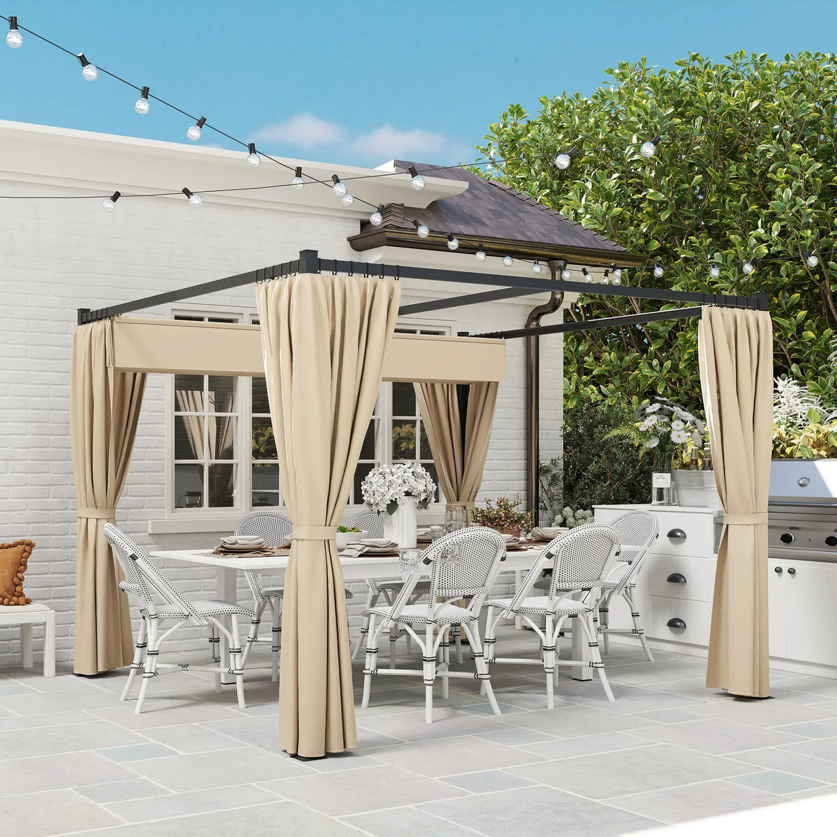 3m x 3m Retractable Metal Pergola with Curtains – Outdoor Patio & Deck Shelter, Adjustable Canopy Shade for BBQ & Grill Area, Beige