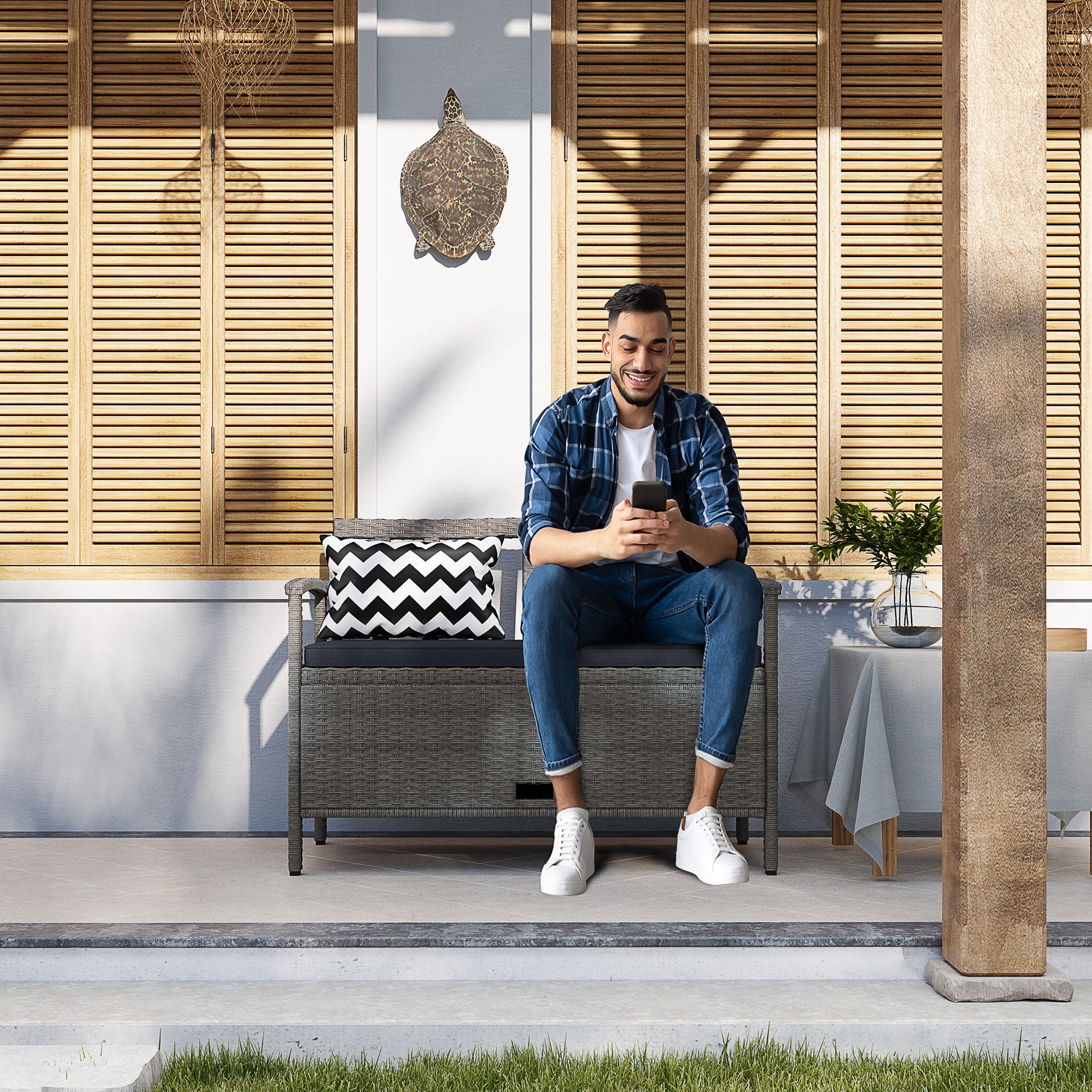 Sorrento 160L Storage Two-Seater Rattan Bench - Grey