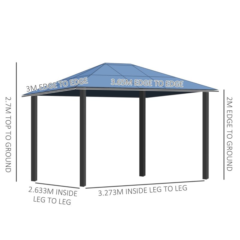 3.6m x 3m Polycarbonate Hardtop Gazebo with Steel Frame – Garden Patio Shelter with Curtains