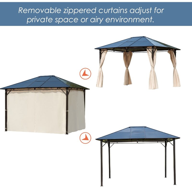 3.6m x 3m Polycarbonate Hardtop Gazebo with Steel Frame – Garden Patio Shelter with Curtains