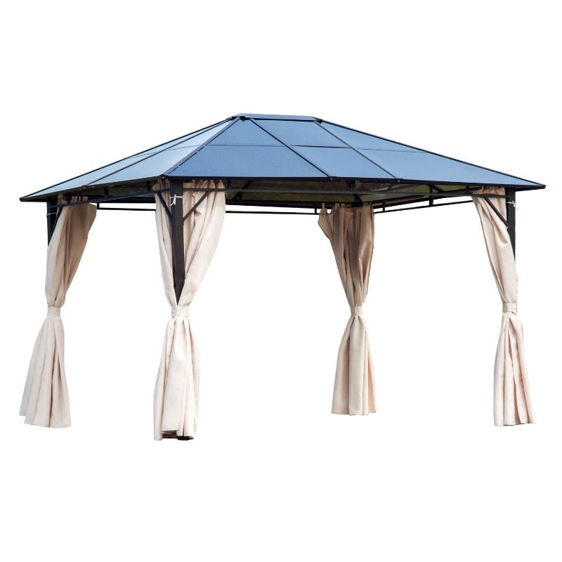 3.6m x 3m Polycarbonate Hardtop Gazebo with Steel Frame – Garden Patio Shelter with Curtains