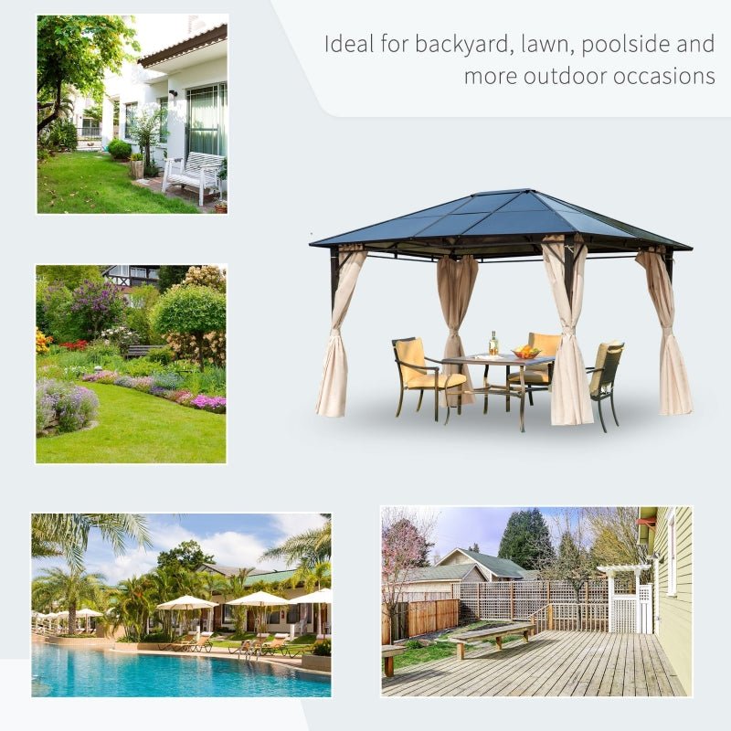 3.6m x 3m Polycarbonate Hardtop Gazebo with Steel Frame – Garden Patio Shelter with Curtains
