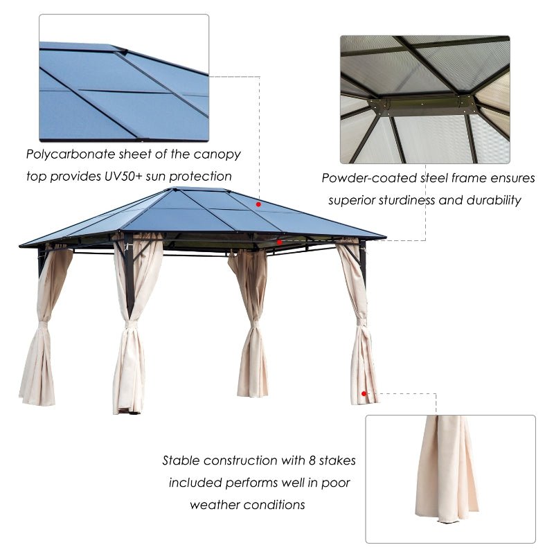 3.6m x 3m Polycarbonate Hardtop Gazebo with Steel Frame – Garden Patio Shelter with Curtains