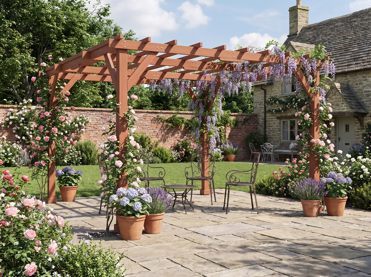 3.3m x 3.3m Wooden Pergola Kit – Garden Pergola with Grape Trellis Roof for Climbing Vines and Flowers