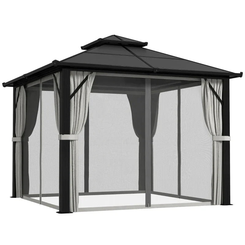 Grey 3m x 3m Permanent Hardtop Gazebo with UPF30+ Polycarbonate Roof, Aluminium Frame, Curtains & Mosquito Netting