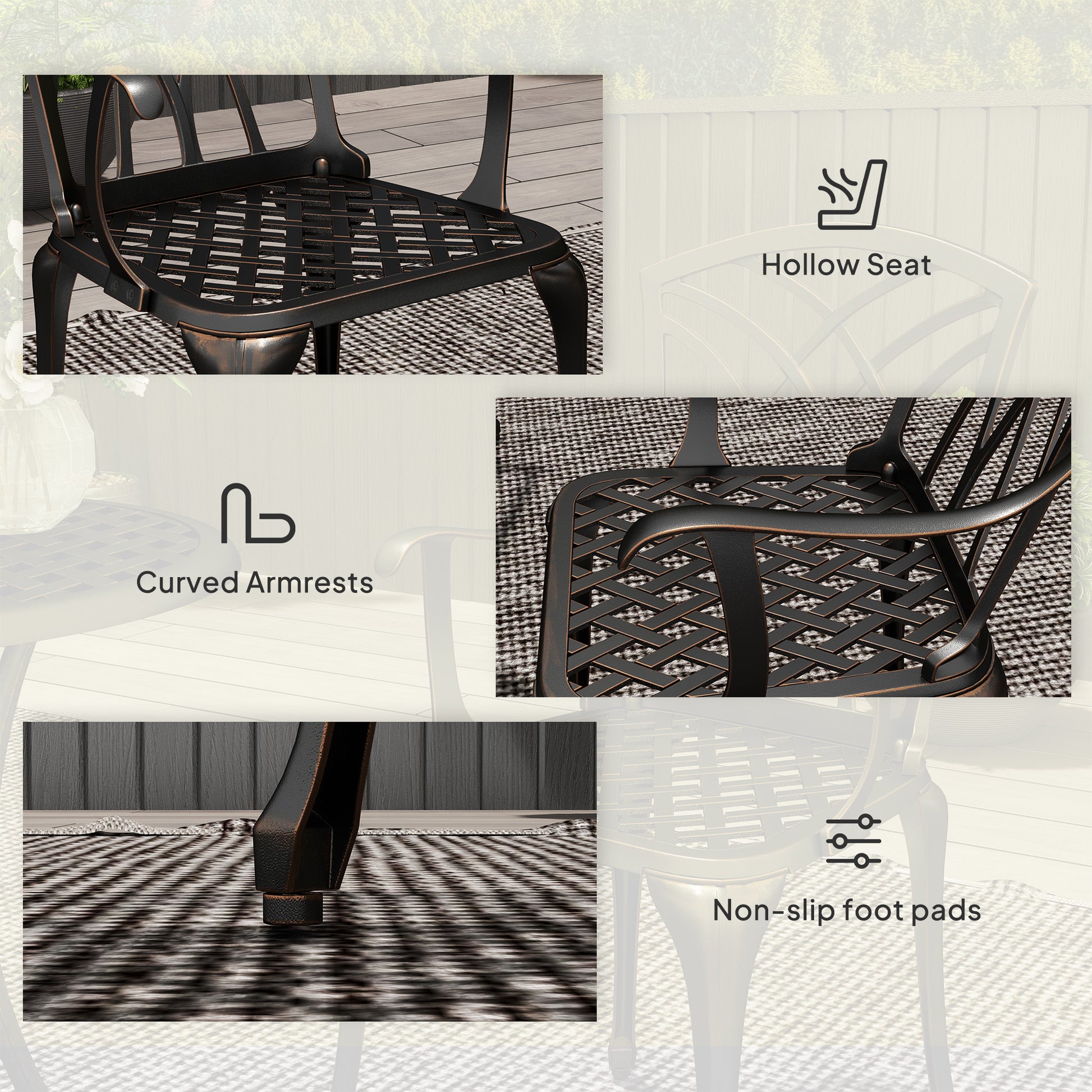 Outsunny 3 Pieces Garden Dining Set for 2, Cast Aluminium Outdoor Dining Set with 2 Armchairs and Round Dining Table with Parasol Hole, Garden Furniture Bistro Set, Bronze Tone