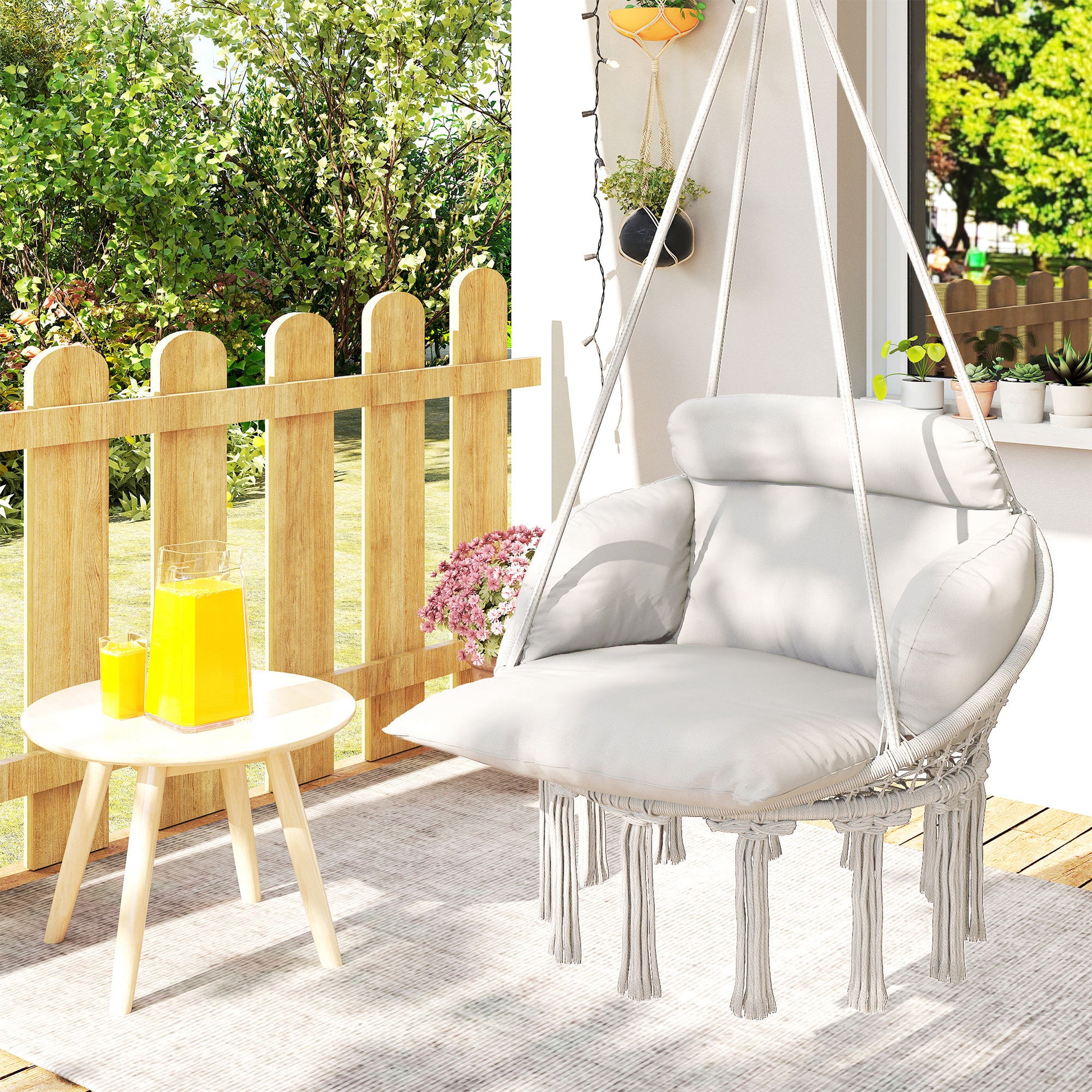 Outsunny Hanging Chair Outdoor Hammock Chair with Soft Cushion, Cotton Rope Boho Style Swing Chair, Hanging Garden Swing Seat for Indoor Outdoor, Cream White