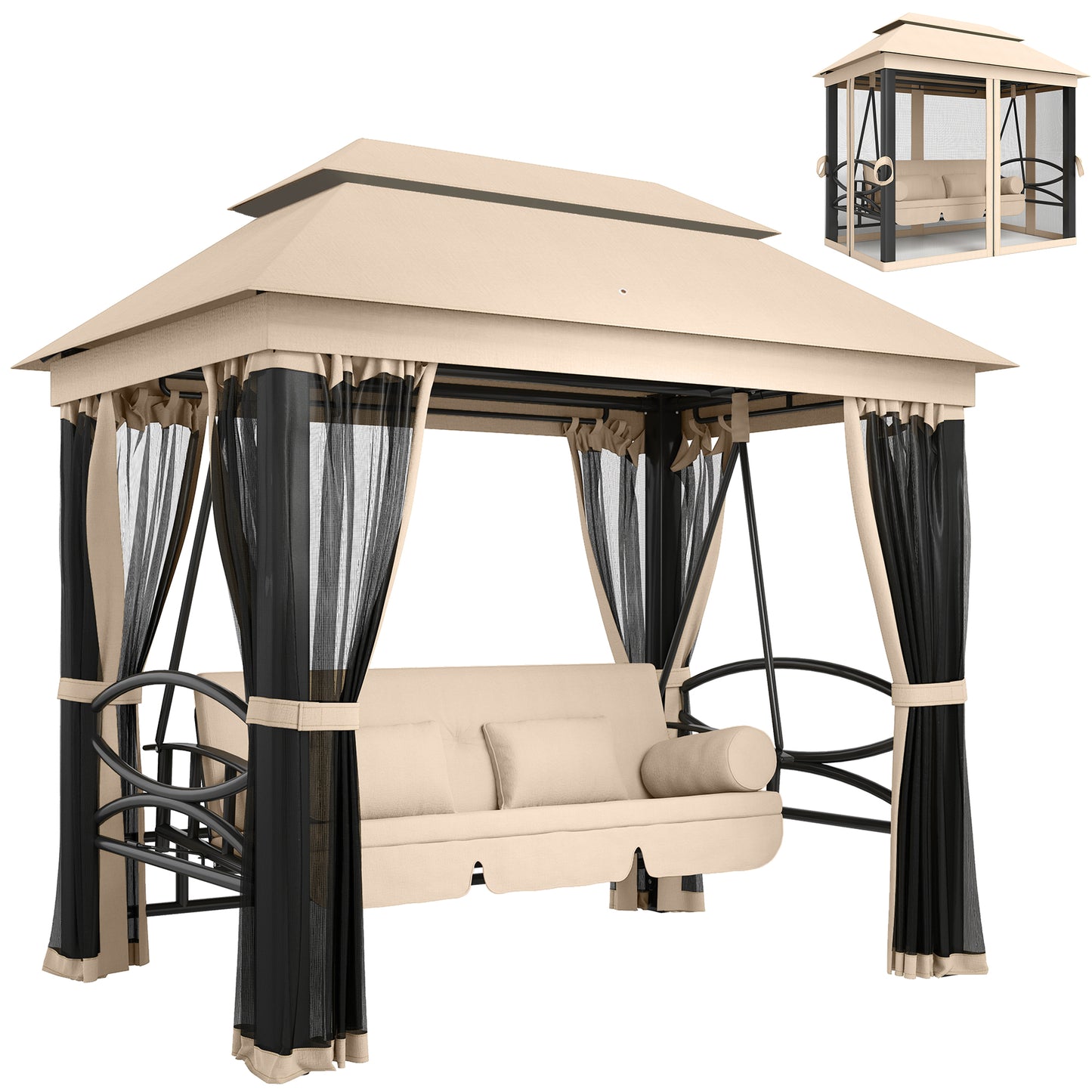 Outsunny 3 Seater Swing Chair 3-in-1 Convertible Garden Swing Seat Bed Gazebo Patio Bench Outdoor with Double Tier Canopy, Cushioned Seat, Mesh Sidewalls, Beige