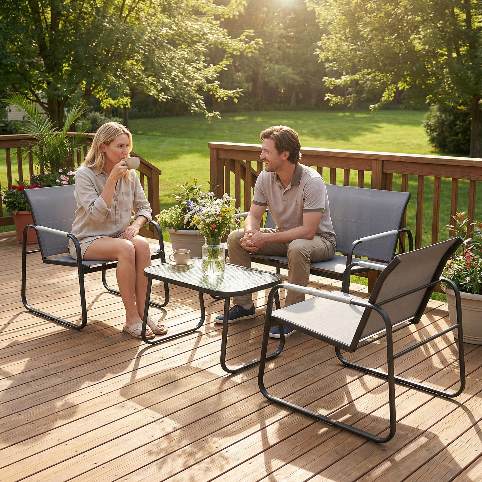 Outsunny 4 Piece Garden Furniture Set, Garden Sofa Set with Loveseat, 2 Armchairs, Tempered Glass Table for Balcony, Grey