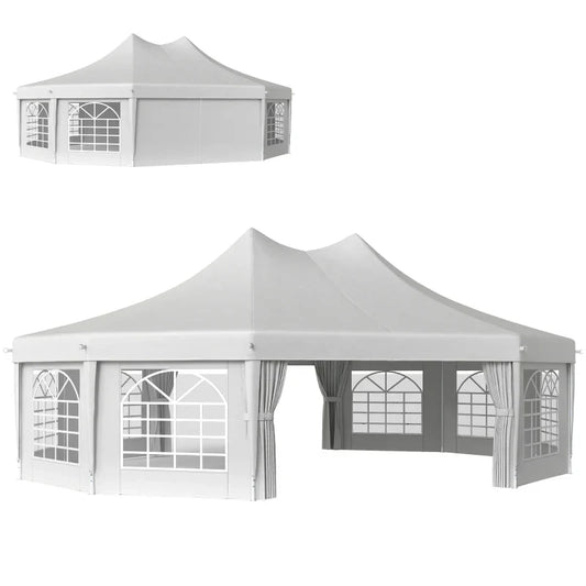 8.9m x 6.5m Premium 10 – Sided Garden Marquee Gazebo – Steel Frame Outdoor Party Tent with Windows