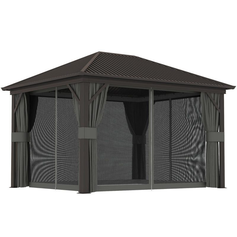 3.6m x 3m Dark Grey Hardtop Garden Gazebo with Aluminium Frame, Metal Roof, Privacy Curtains & Insect Mesh Panels