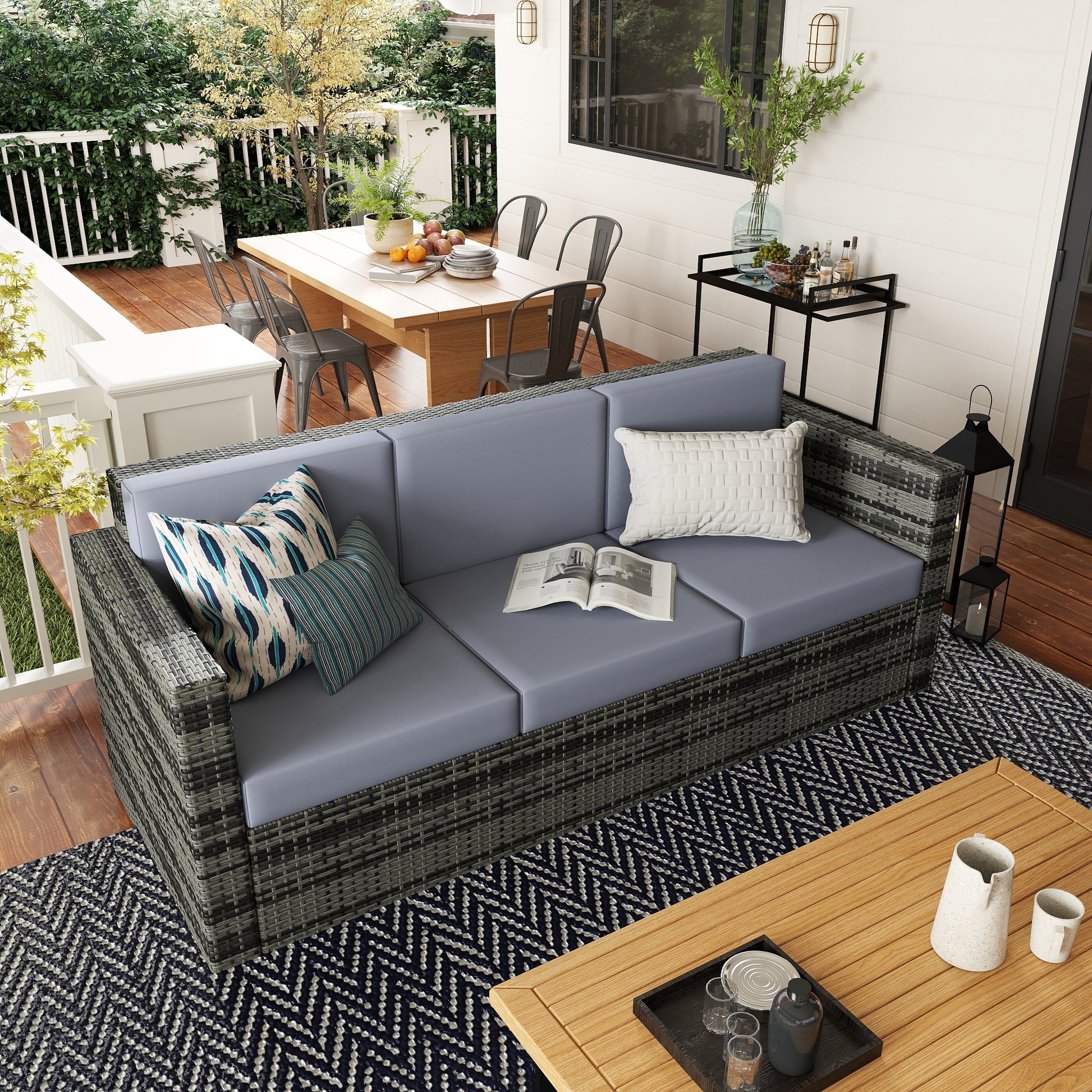 Marbella 3 Seater All Weather Garden Sofa, Garden Rattan Sofa with Cushions and Mental Frame, Grey