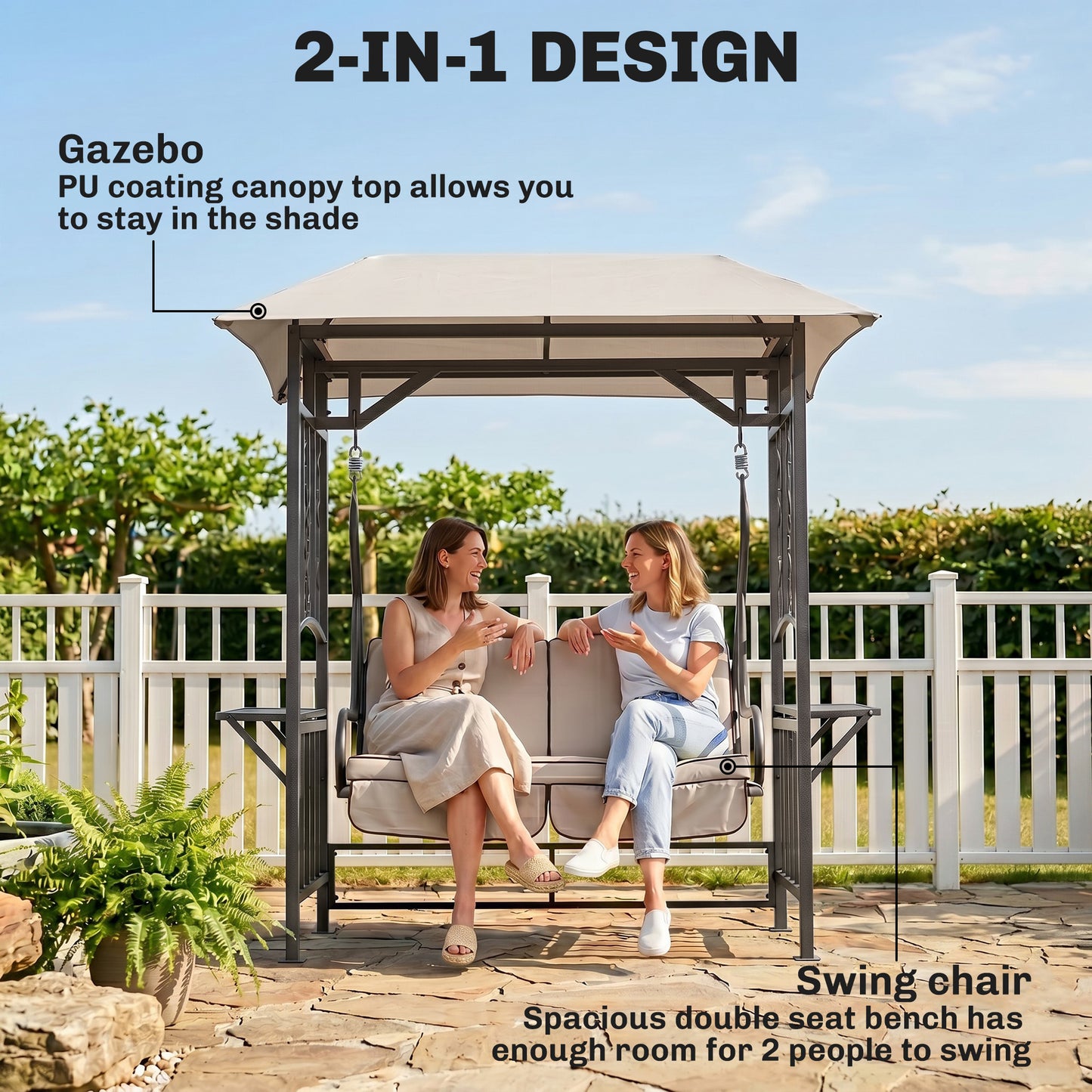 Outsunny Outdoor Garden 2 Seater Canopy Swing Chair Seat Porch Loveseat Vintage Hammock Cushioned Seat w/ Steel Frame and Side Drink Panel, Beige