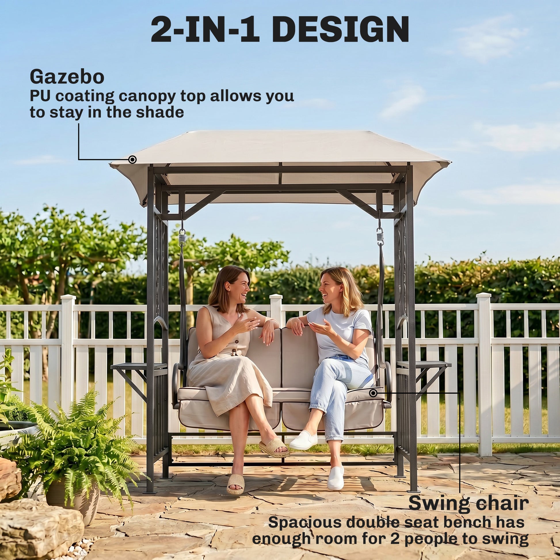 Outsunny Outdoor Garden 2 Seater Canopy Swing Chair Seat Porch Loveseat Vintage Hammock Cushioned Seat w/ Steel Frame and Side Drink Panel, Beige