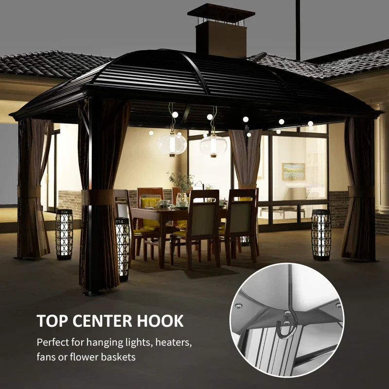 3m x 4m Brown Hardtop Garden Gazebo with Aluminium Frame, Steel Roof, Privacy Curtains & Mosquito Netting – Premium Outdoor Pavilion Shelter