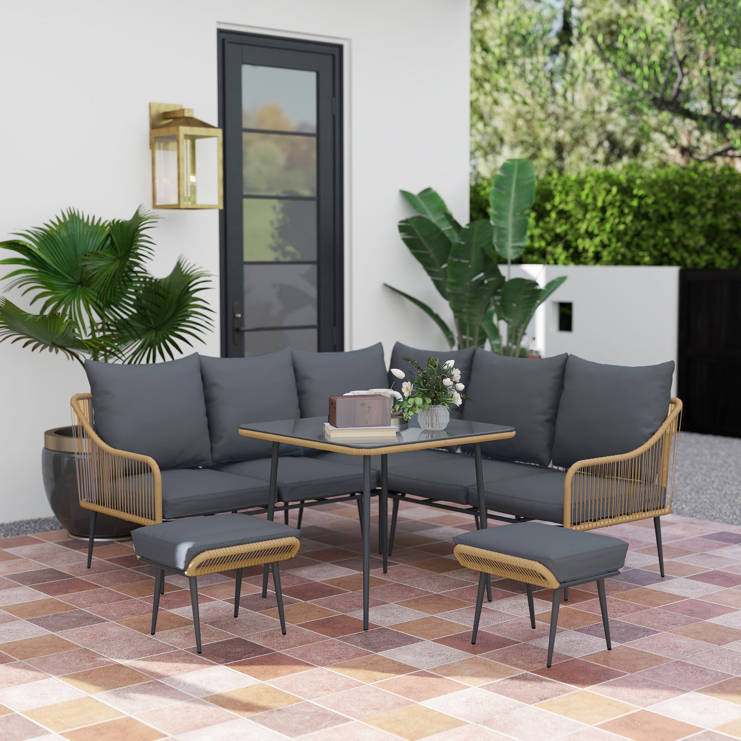 Ibiza Six-Piece Rattan Strong Garden Sofa Set with Tempered Glass-top Table - Brown/Grey