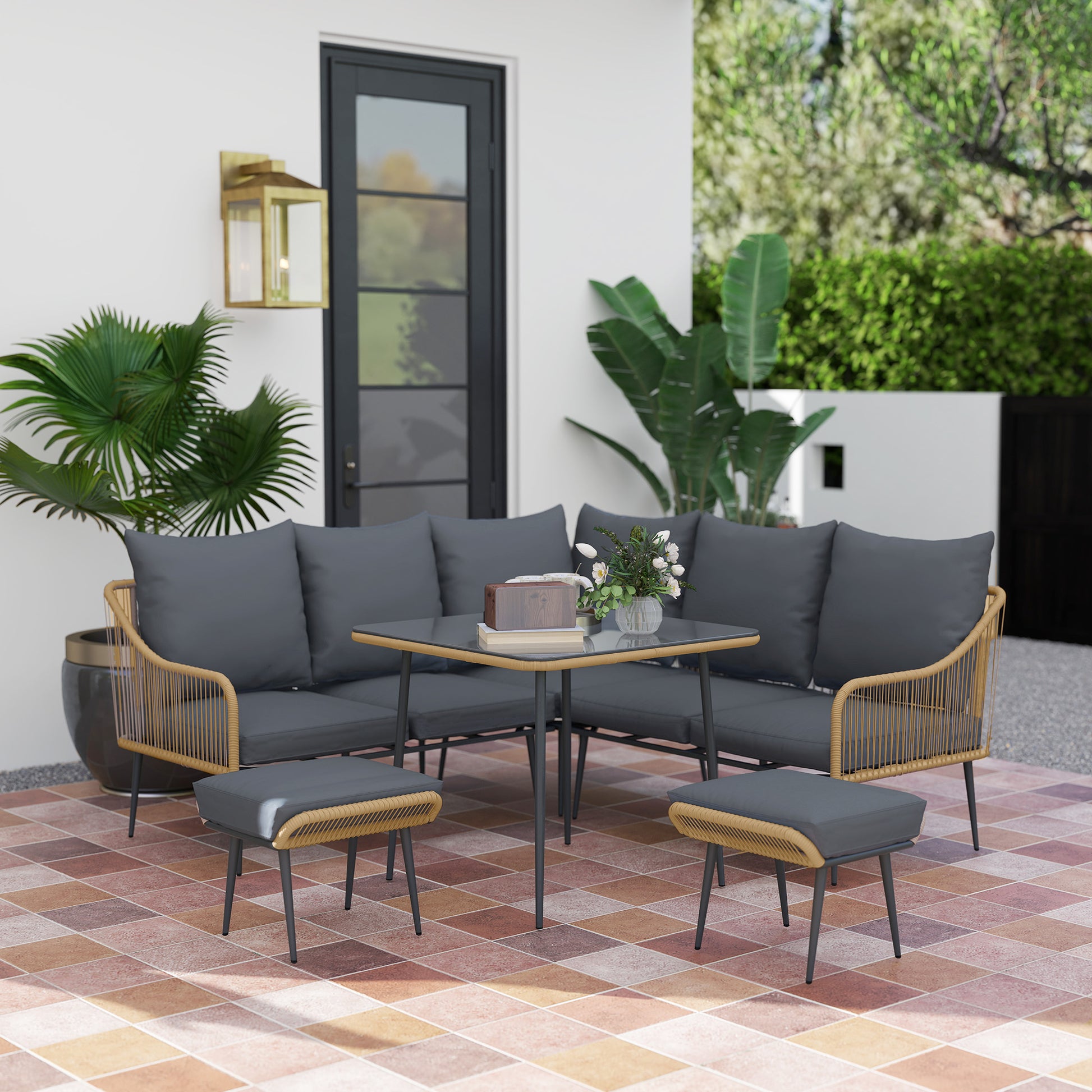 Ibiza Six-Piece Rattan Strong Garden Sofa Set with Tempered Glass-top Table - Brown/Grey