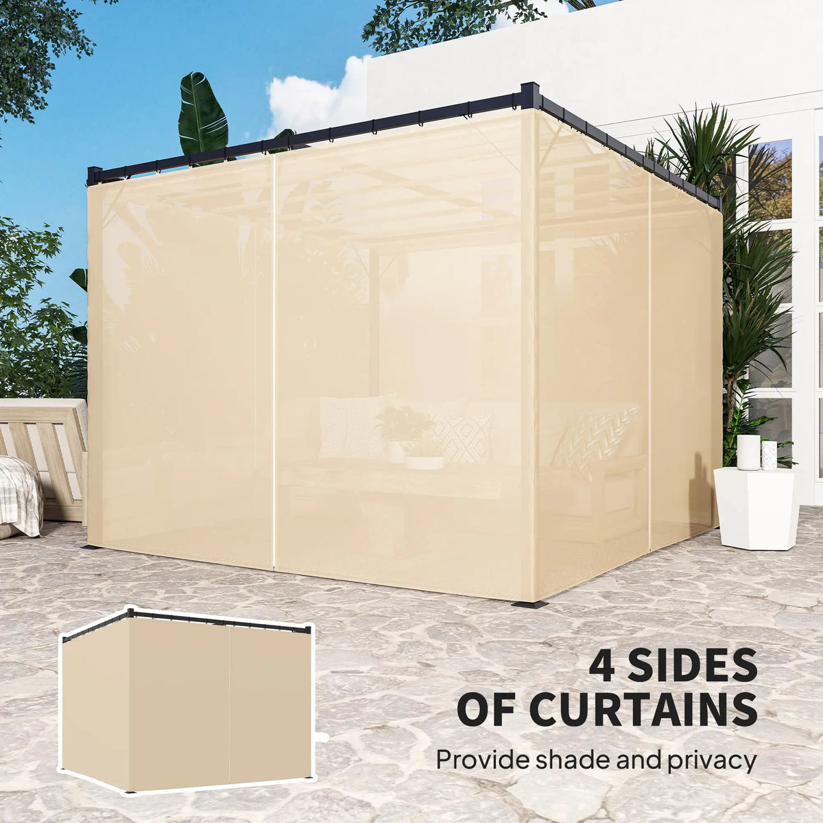 3m x 3m Retractable Metal Pergola with Curtains – Outdoor Patio & Deck Shelter, Adjustable Canopy Shade for BBQ & Grill Area, Beige