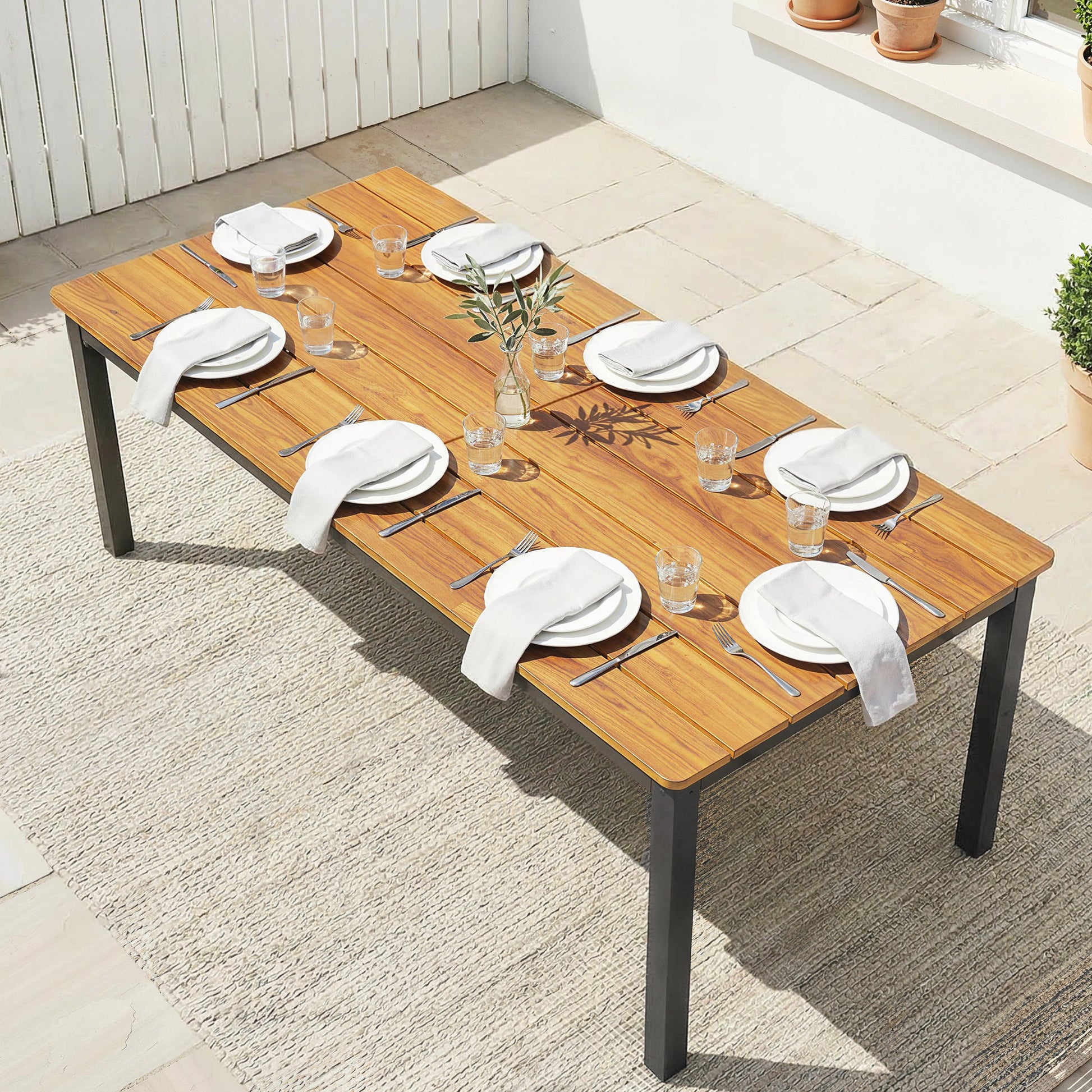 Santorini Garden Dining Table for 6-8 Person, 180 x 86 cm Rectangular Garden Dining Table with Wood Slatted Top