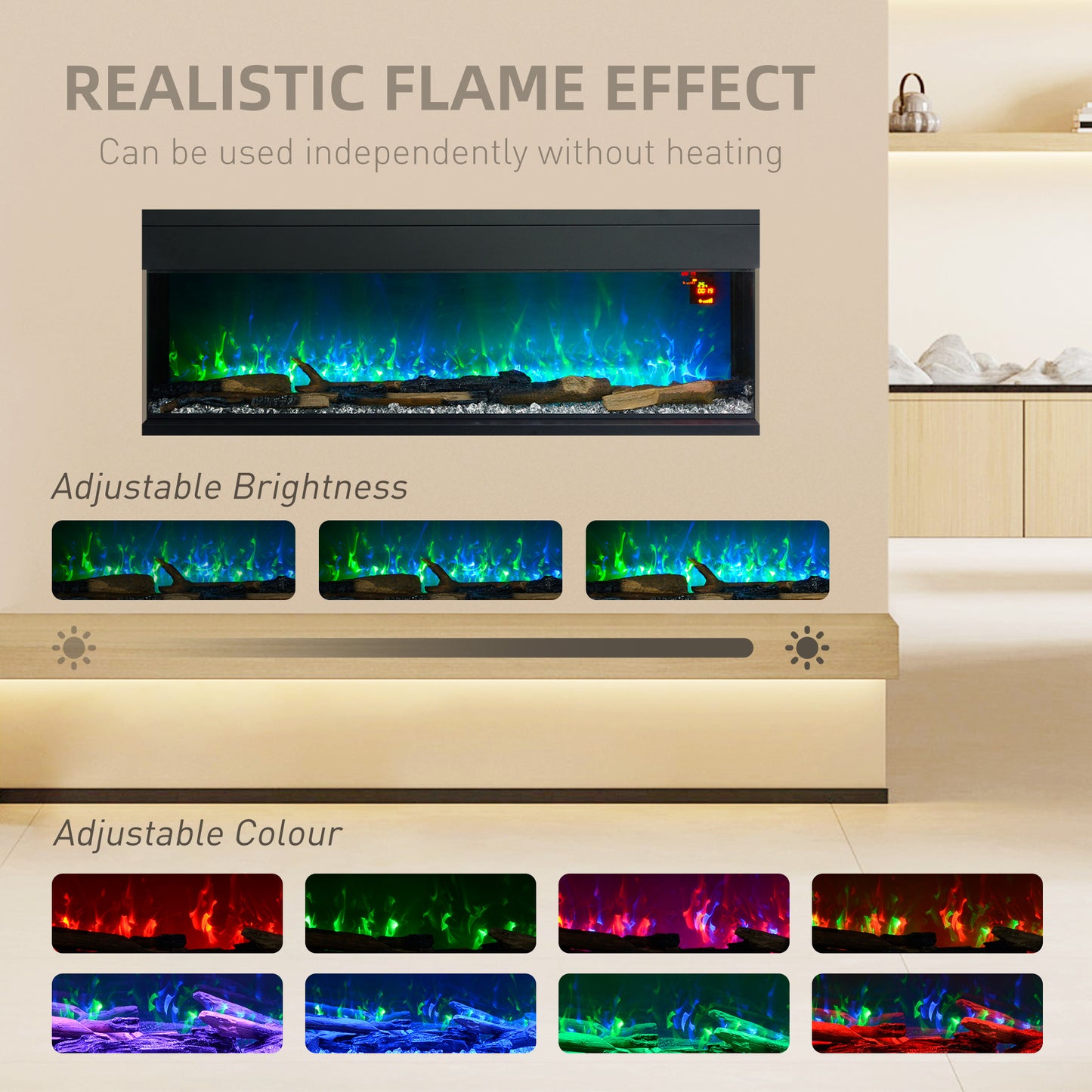 HOMCOM 1800W 15-40°C Adjustable Flame Glass Panel Convector Heater, 152cm