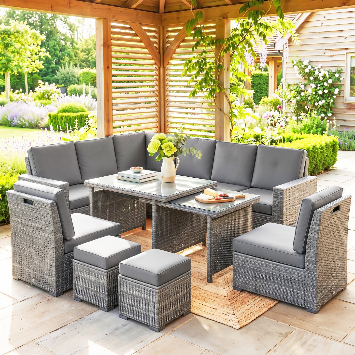 Riviera Seven-Piece Rattan Garden Sofa Set, with Expanding Table - Light Grey
