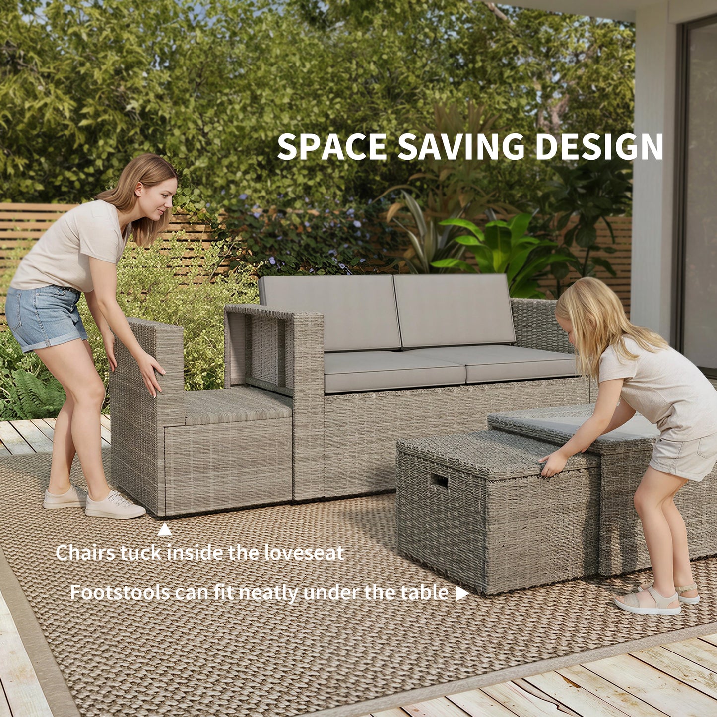 Outsunny 6 Piece Rattan Garden Furniture Set Loveseat, Chairs, Table, Footstools, Dark Grey