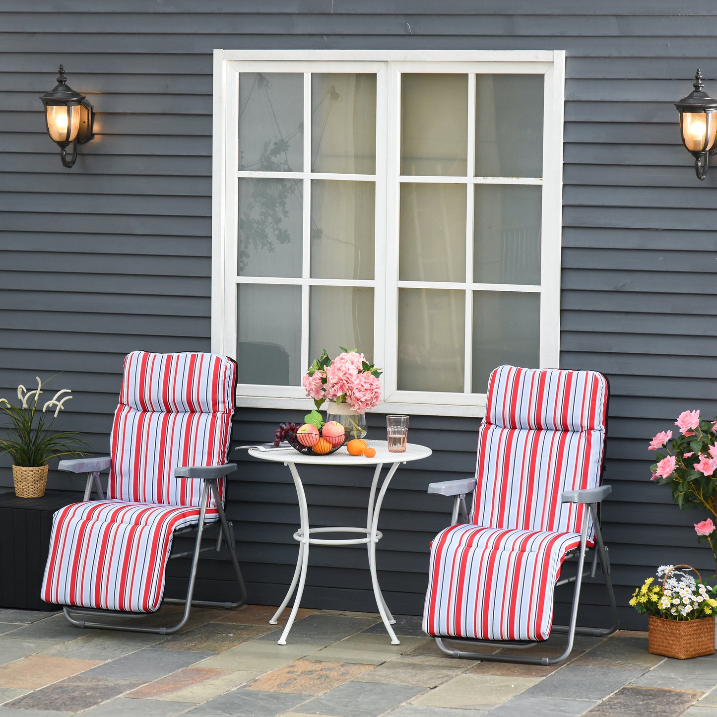 Set of 2 Garden Sun Lounger Outdoor Reclining Seat Cushioned Seat Foldable Adjustable Recliner Red and White
