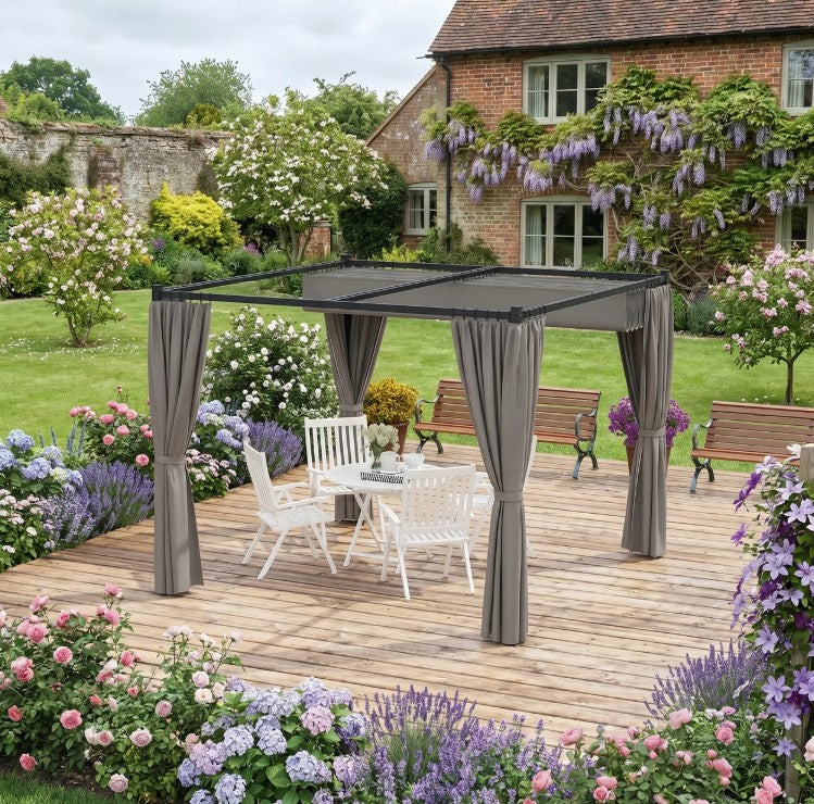 Light Grey 3m x 3m Retractable Roof Pergola Canopy – Outdoor Patio Shelter with Curtains, Metal Frame & Secure Fixing Kit
