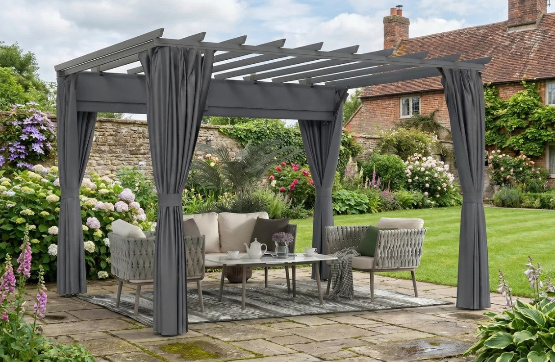 3.6x3m Aluminium Garden Pergola with Retractable Roof Canopy & Curtains – Modern Outdoor Sun Shade Shelter, Weather – Resistant Patio Cover, Dark Grey