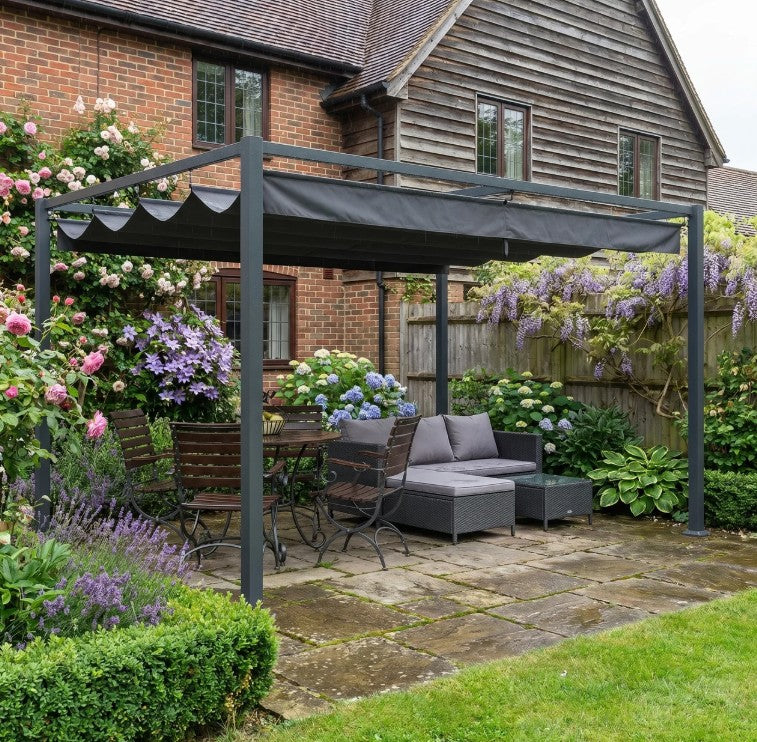 4m x 3m Metal Pergola – Black Retractable Canopy Roof, Outdoor Patio Garden Shade