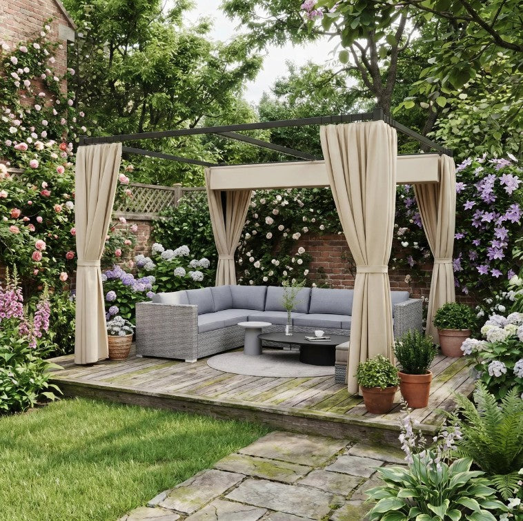 3m x 3m Retractable Metal Pergola with Curtains – Outdoor Patio & Deck Shelter, Adjustable Canopy Shade for BBQ & Grill Area, Beige