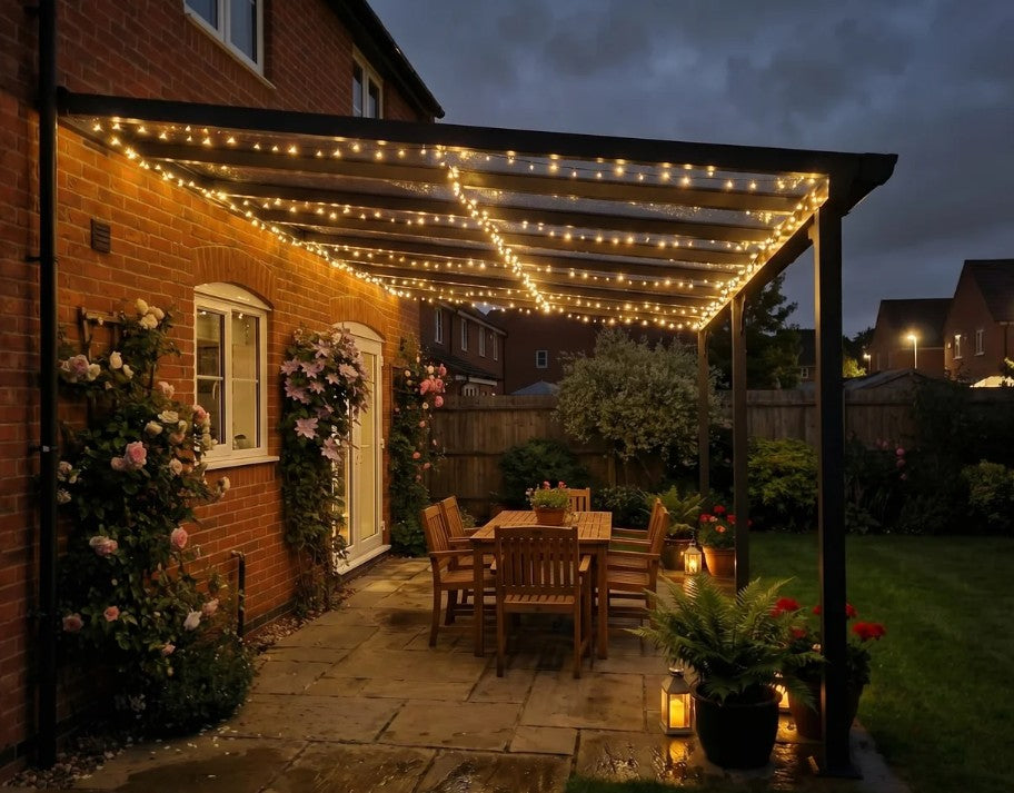 4.35m x 3m Wall Mounted Pergola – Aluminium Frame & Polycarbonate Roof – Grey Patio Cover