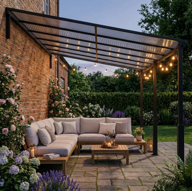 4m x 3m Wall – Mounted Lean – To Metal Pergola with Polycarbonate Hardtop Roof – Heavy Duty Aluminium Garden Gazebo, Weatherproof Patio & BBQ Shelt...