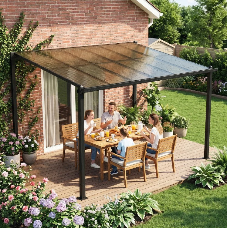 3.6m x 3m Lean – To Metal Pergola with Polycarbonate Hardtop Roof & Drainage Gutters – Aluminium Wall – Mounted Gazebo Patio Cover, Modern Outdoor...