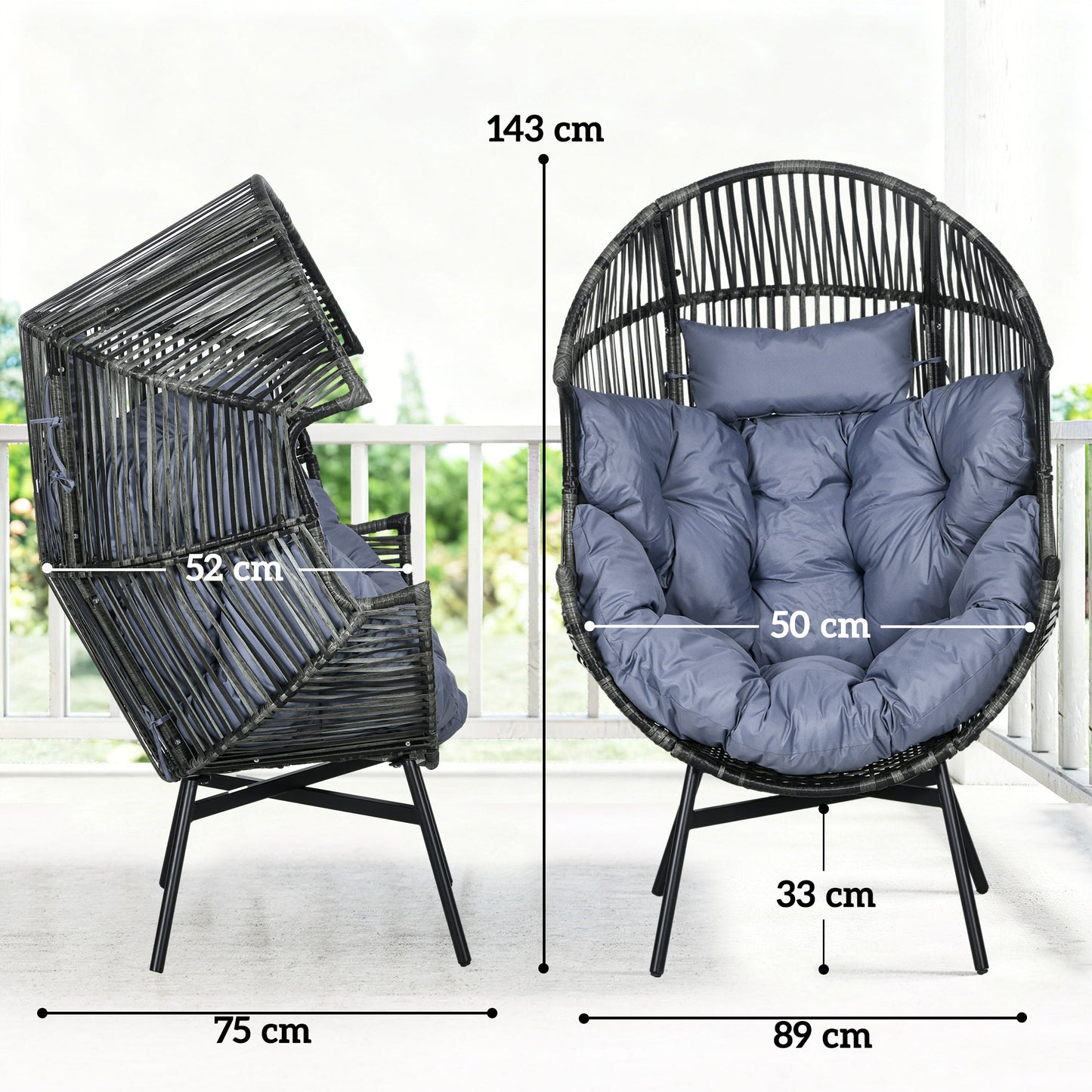 Outsunny String Rattan Egg Chair with 2,000 Hours UV Resistance and 14cm Thick Seat Cushion - Grey/Black