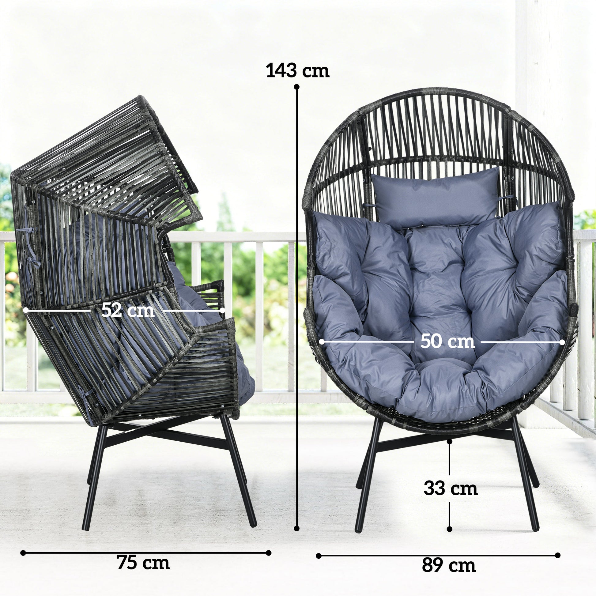 Outsunny String Rattan Egg Chair with 2,000 Hours UV Resistance and 14cm Thick Seat Cushion - Grey/Black