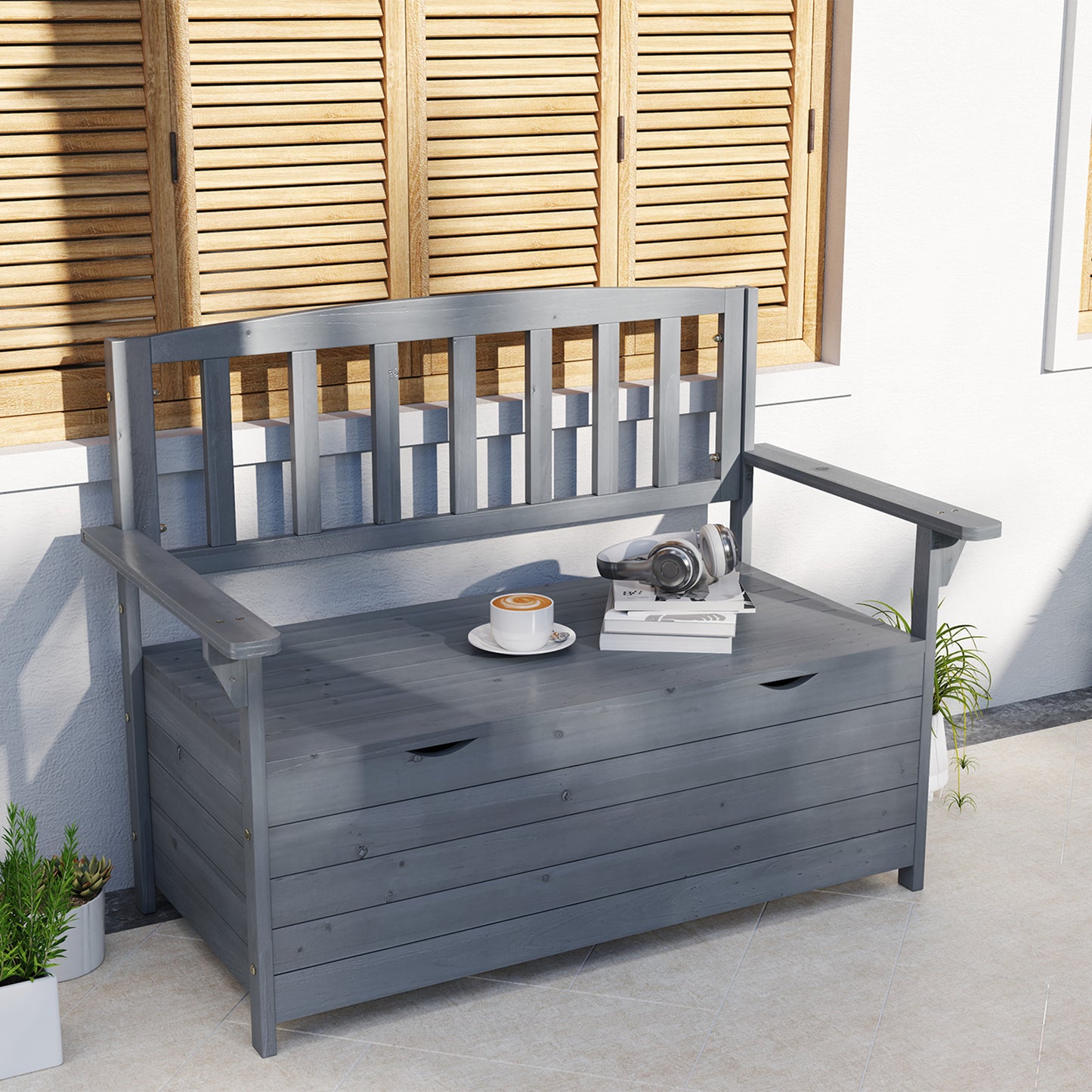 Santorini Outdoor 2 Seater Garden Bench, Wooden Bench with Storage, Backrest, Arm Rests, 112 x 84 x 58 cm, Grey
