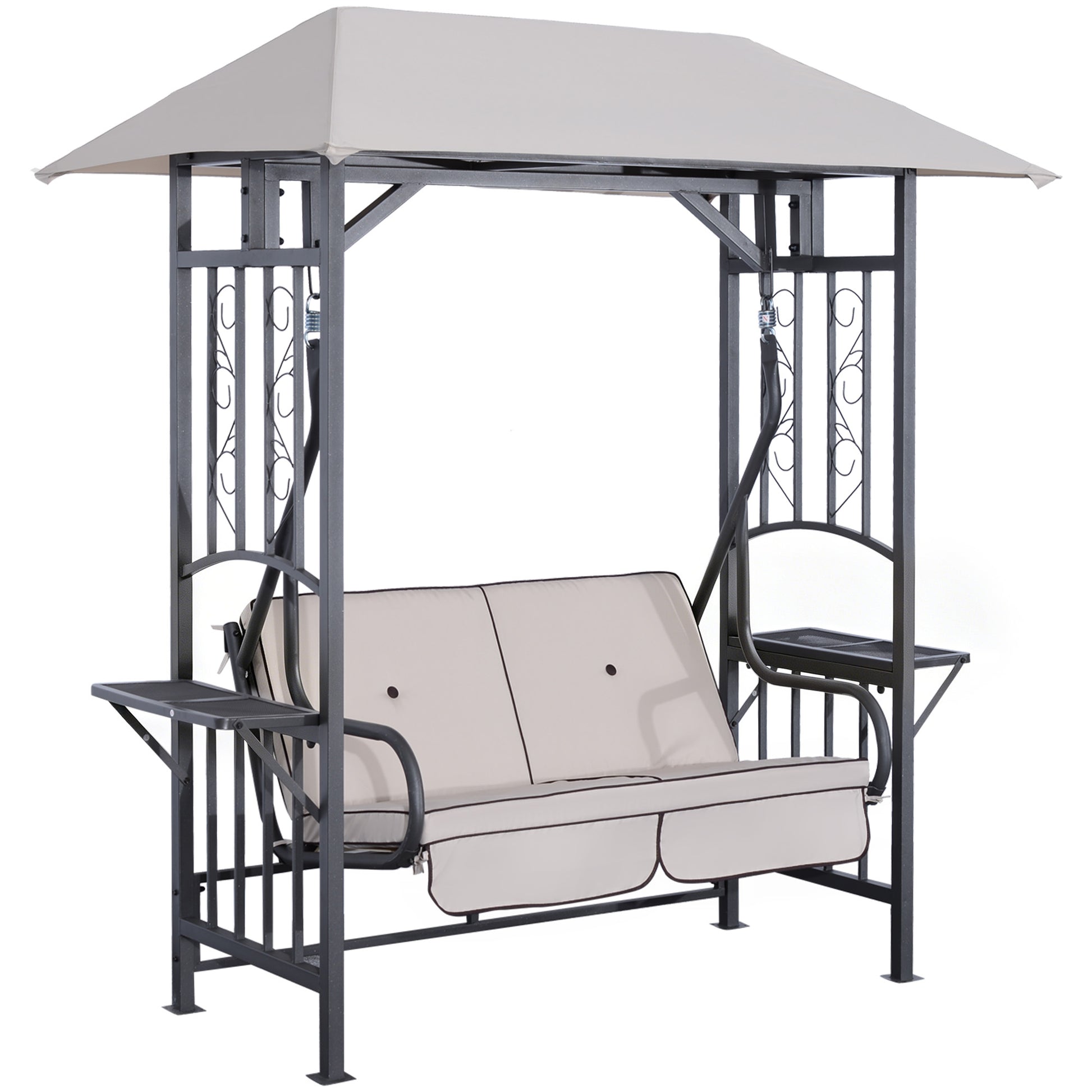 Outsunny Outdoor Garden 2 Seater Canopy Swing Chair Seat Porch Loveseat Vintage Hammock Cushioned Seat w/ Steel Frame and Side Drink Panel, Beige
