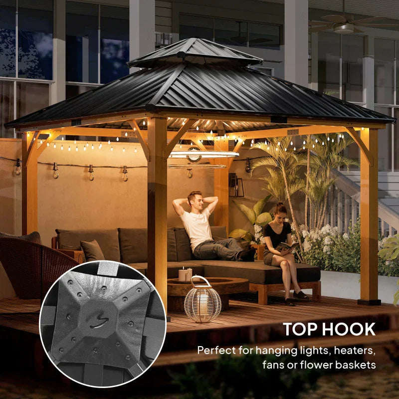 3.5m x 3.5m Wooden Hardtop Gazebo with Two Tier Black Metal Roof – Garden Pavilion Shelter