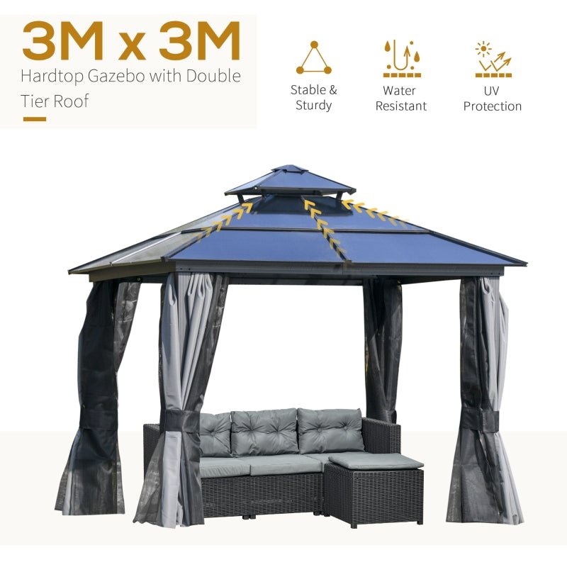 3x3m Premium Hardtop Garden Gazebo with Aluminium & Steel Frame, Polycarbonate Roof, Curtains and Insect Mesh Enclosure