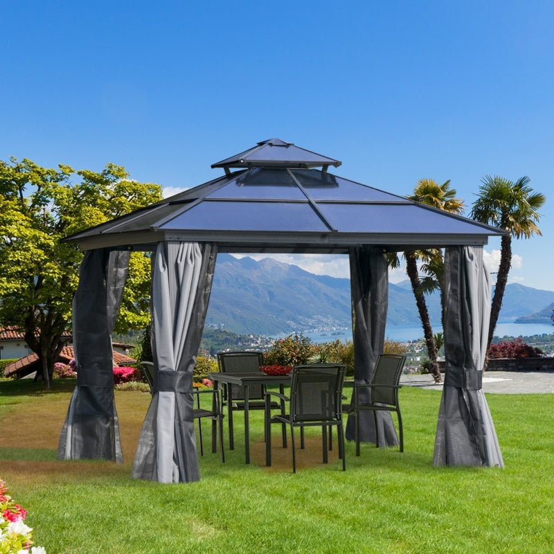 3x3m Premium Hardtop Garden Gazebo with Aluminium & Steel Frame, Polycarbonate Roof, Curtains and Insect Mesh Enclosure