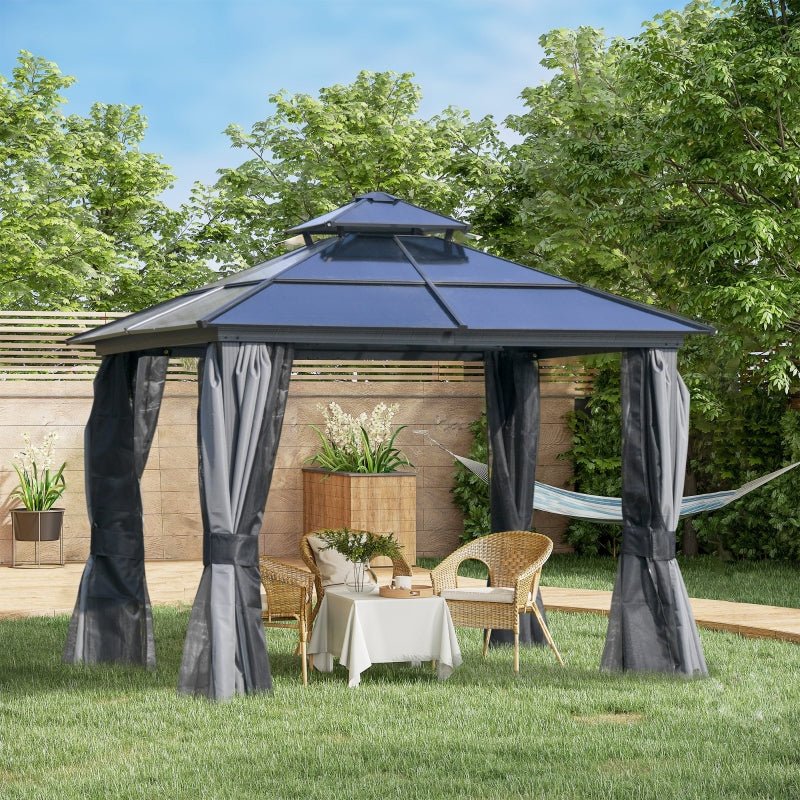 3x3m Premium Hardtop Garden Gazebo with Aluminium & Steel Frame, Polycarbonate Roof, Curtains and Insect Mesh Enclosure