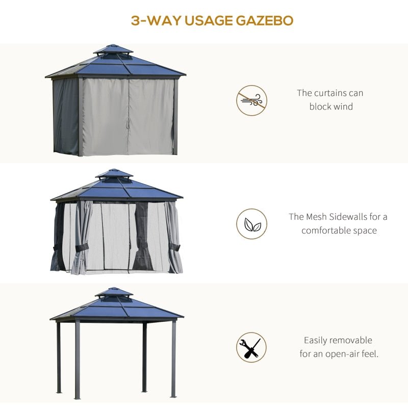 3x3m Premium Hardtop Garden Gazebo with Aluminium & Steel Frame, Polycarbonate Roof, Curtains and Insect Mesh Enclosure